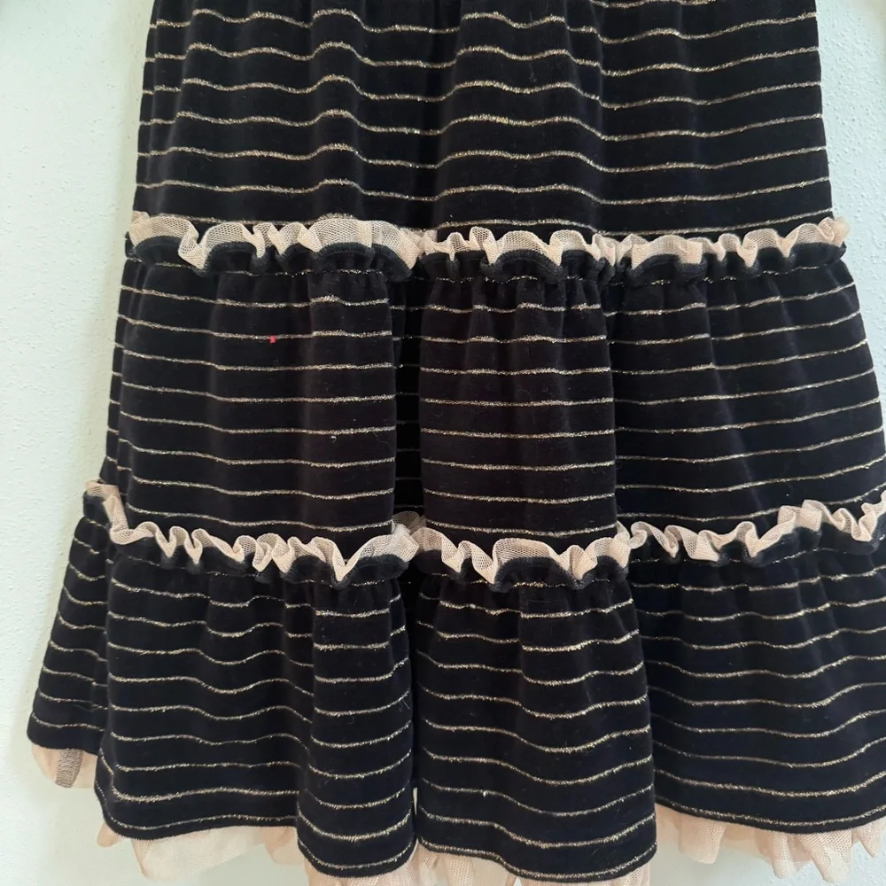Hanna Andersson Girl Black Velvet Gold Lurex Striped Tiered Ruffle Dress Size 90